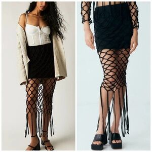 NWT Third Form Free People Net Fringe Maxi Skirt Black $290 Sz 2